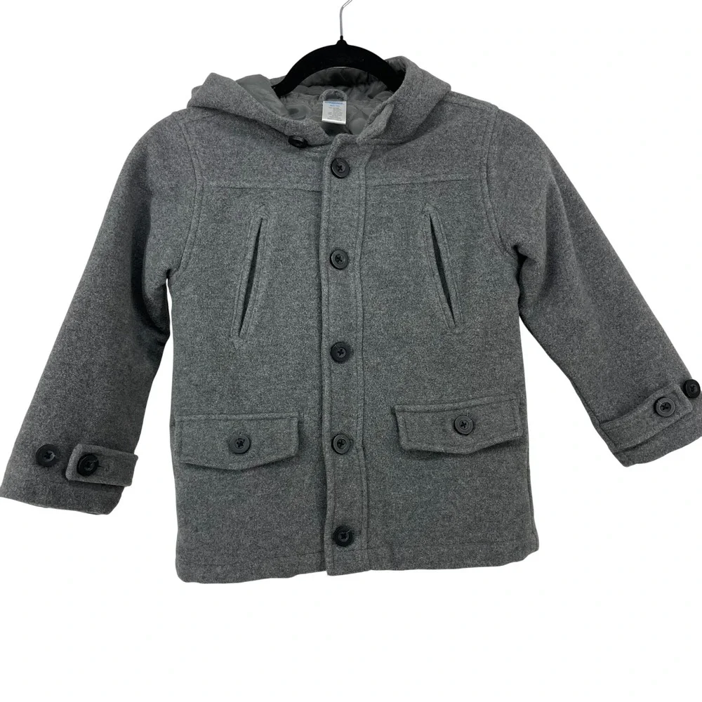 Gymboree Size 5-6 Wool Blend Hooded Coat Gray Button Front Quilted Kids